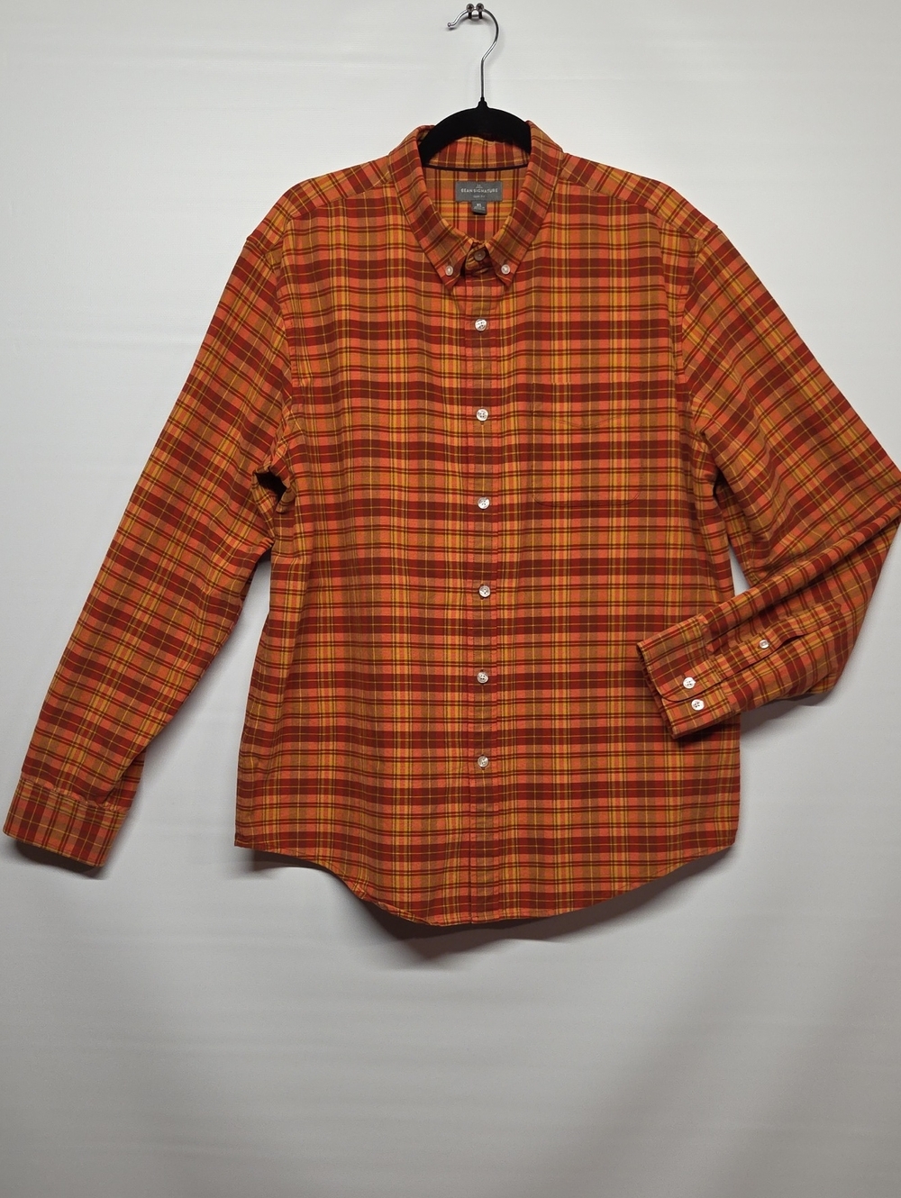 LL Bean Signature Orange and Yellow Plaid Button-Down Shirt Men's XL Slim Fit